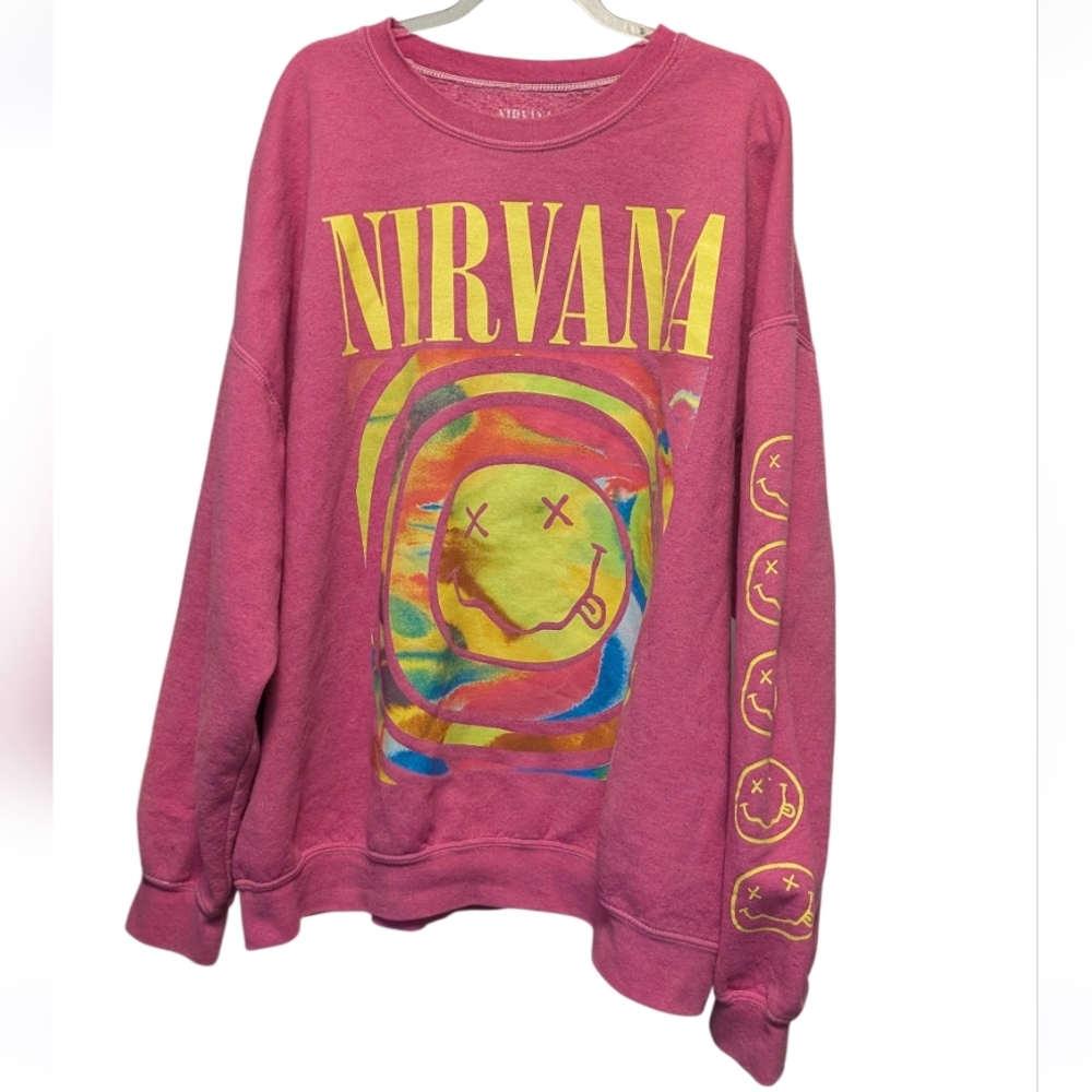 NIRVANA Vgt.Pink Crewneck‎ with Yellow Multicolor Smiley Graphic